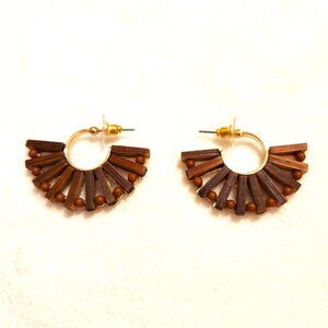 Boho Wood/Bead Fan Hoop Earrings Gold Tone Geometric Statement